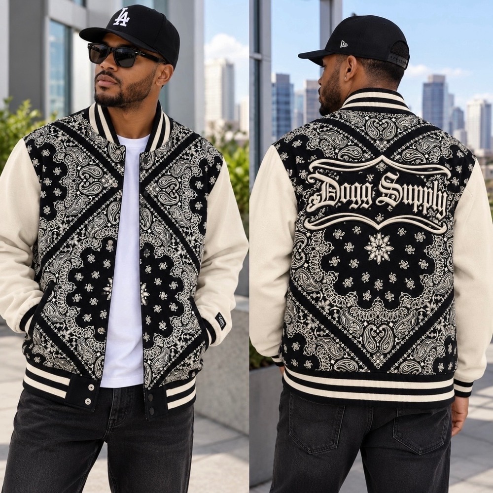 Dogg Supply by Snoop Dogg Mens Paisley Bandana Varsity Jacket Black White M